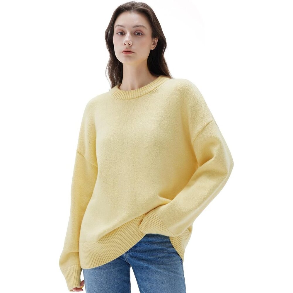 Women Cashmere Blend Oversized Crew Neck light Yellow Soft Warm Pullover Sweater
